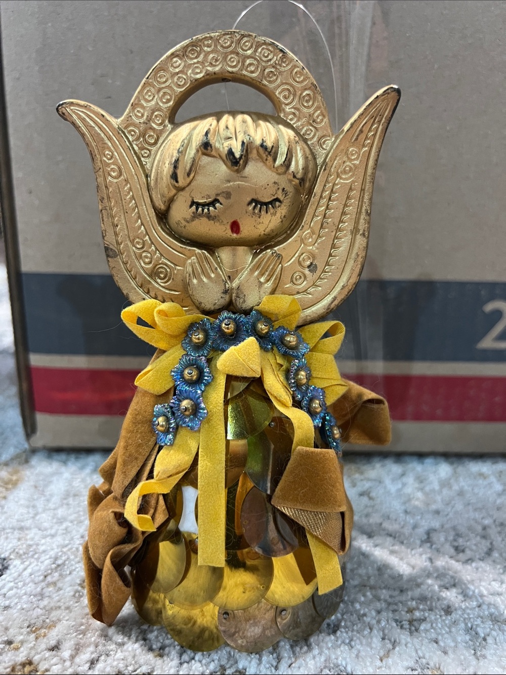 Vtg MCM 60s Mod Angel Figurine Gold Blue Sequins Beads Styrofoam 7" Retro z29